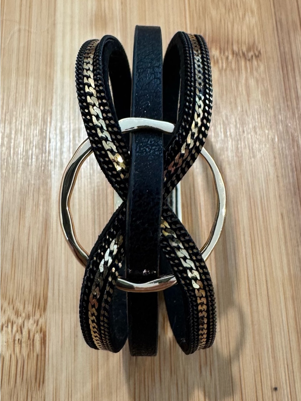 Black Gold Multi Strand Magnetic Cuff Bracelet Faux Leather 7.5”